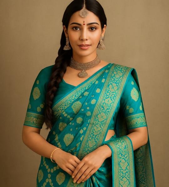 Azure Gold Bloom Saree