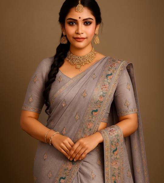 Moonlight Feather Aari Work Saree